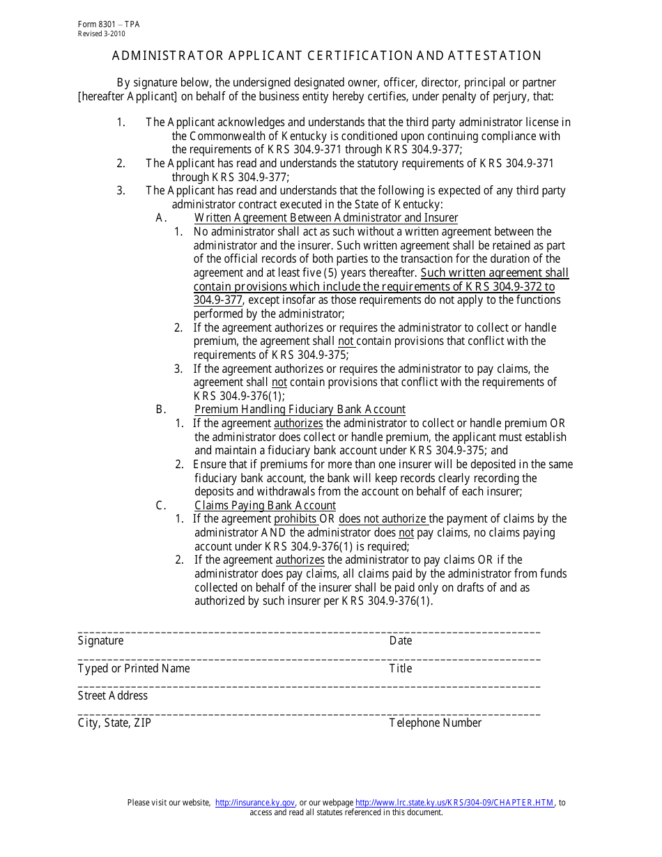 Form 8301-TPA Administrator Applicant Certification and Attestation - Kentucky, Page 1