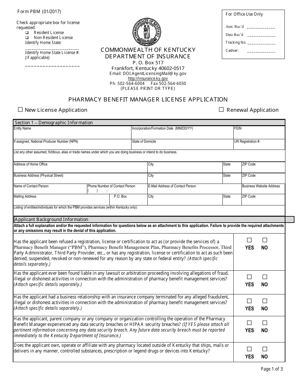 Form PBM Pharmacy Benefit Manager License Application - Kentucky, Page 1