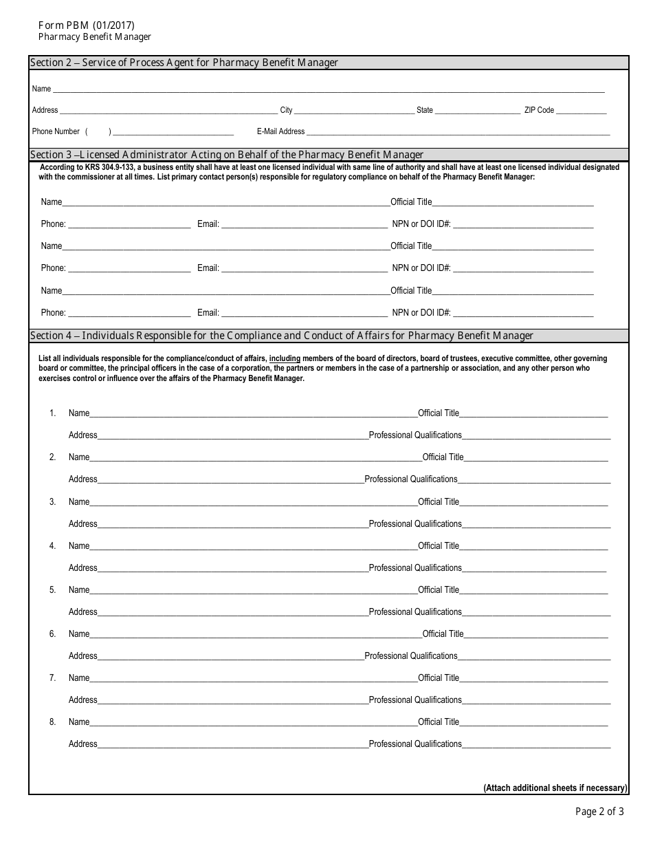 Form PBM Pharmacy Benefit Manager License Application - Kentucky, Page 2