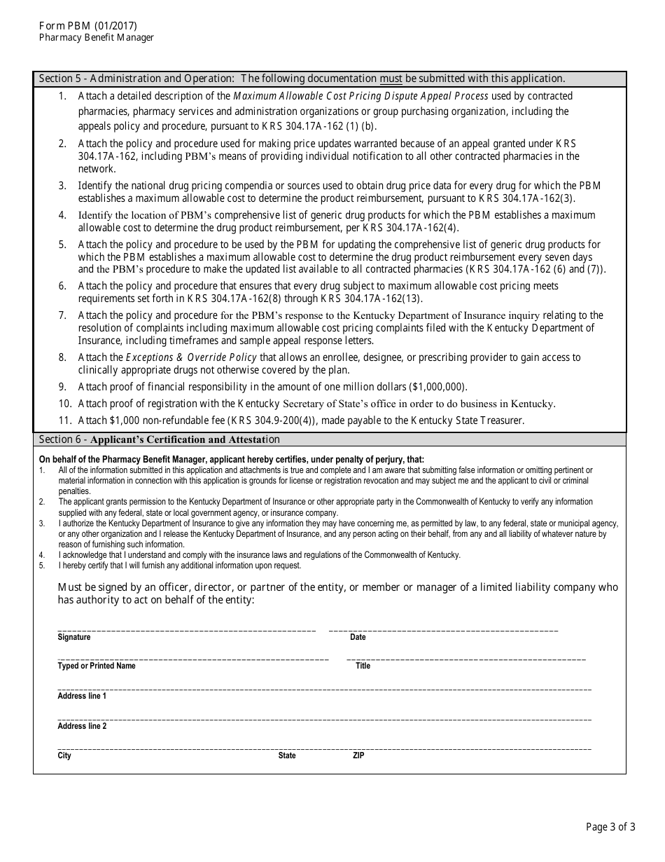 Form PBM Pharmacy Benefit Manager License Application - Kentucky, Page 3