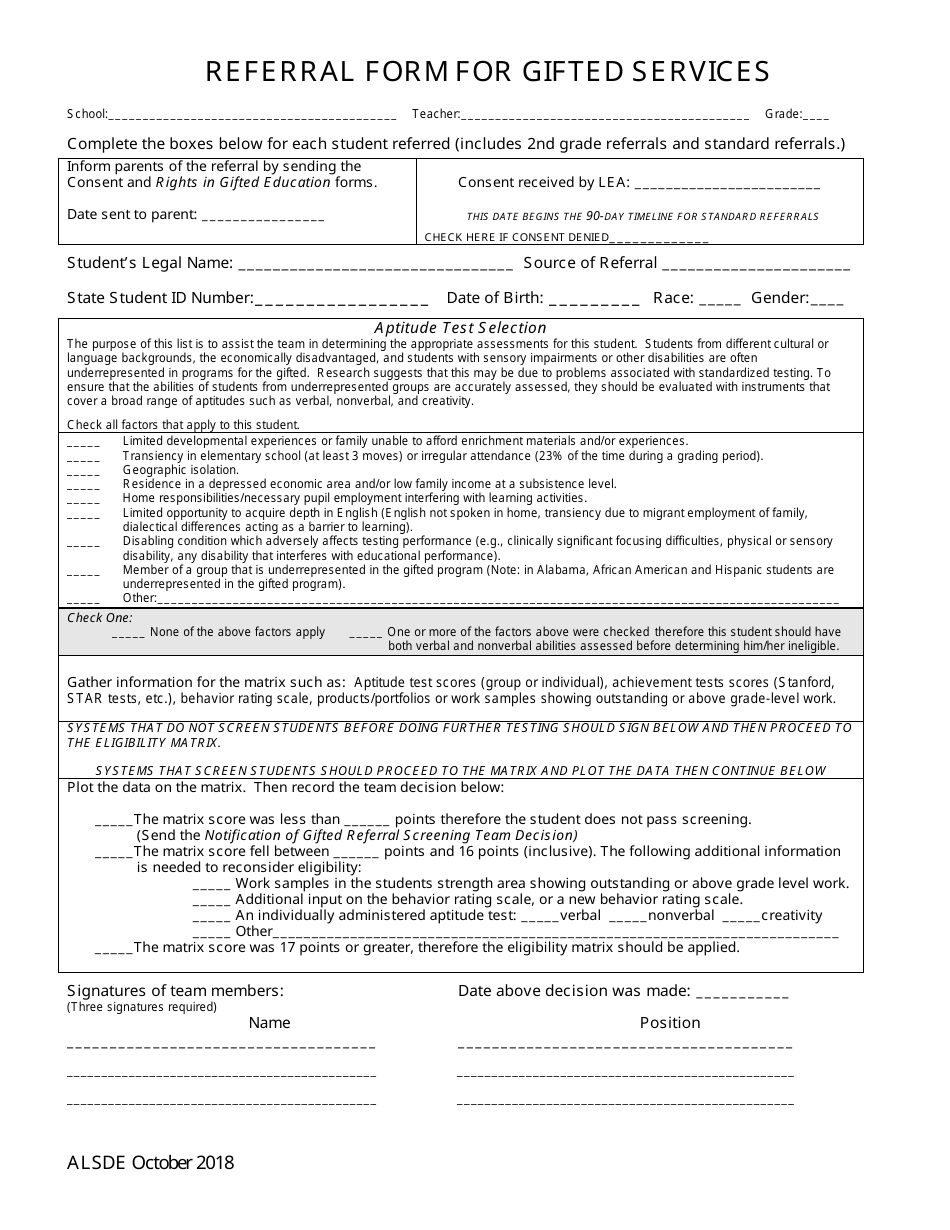 Gifted Referral  Eligiblity Process Packet - Alabama, Page 28