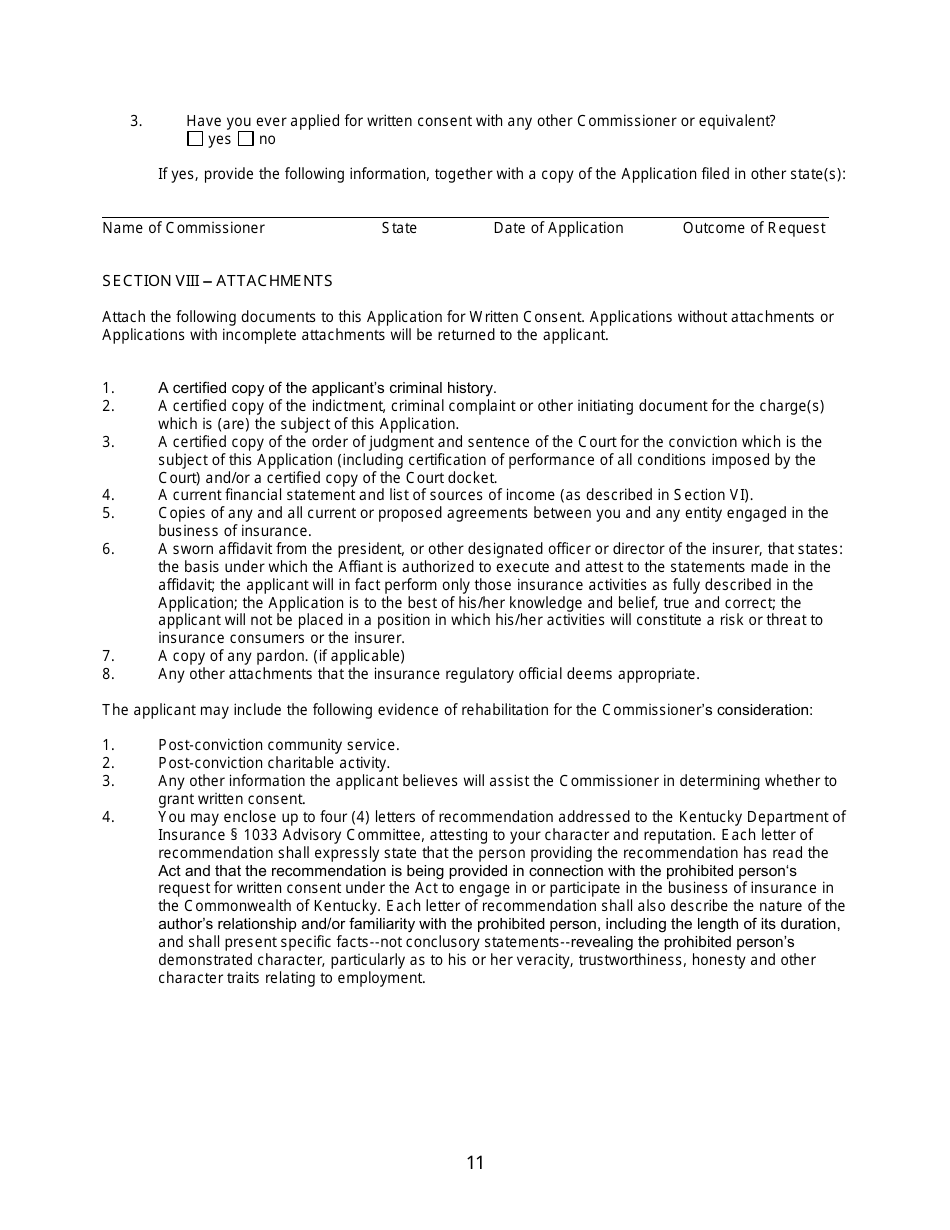 Application for Written Consent to Engage in the Business of Insurance Pursuant to 18 U.s.c. 1033 and 1034 - Kentucky, Page 11