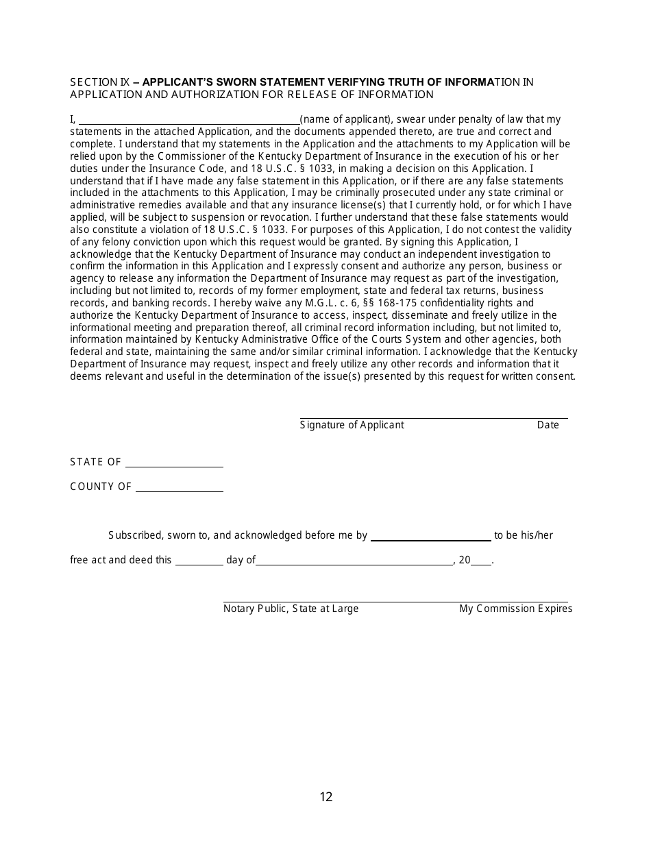 Application for Written Consent to Engage in the Business of Insurance Pursuant to 18 U.s.c. 1033 and 1034 - Kentucky, Page 12