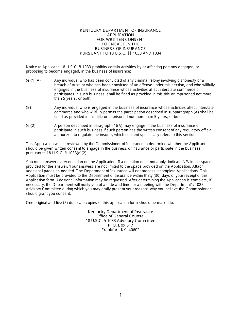 Application for Written Consent to Engage in the Business of Insurance Pursuant to 18 U.s.c. 1033 and 1034 - Kentucky, Page 1