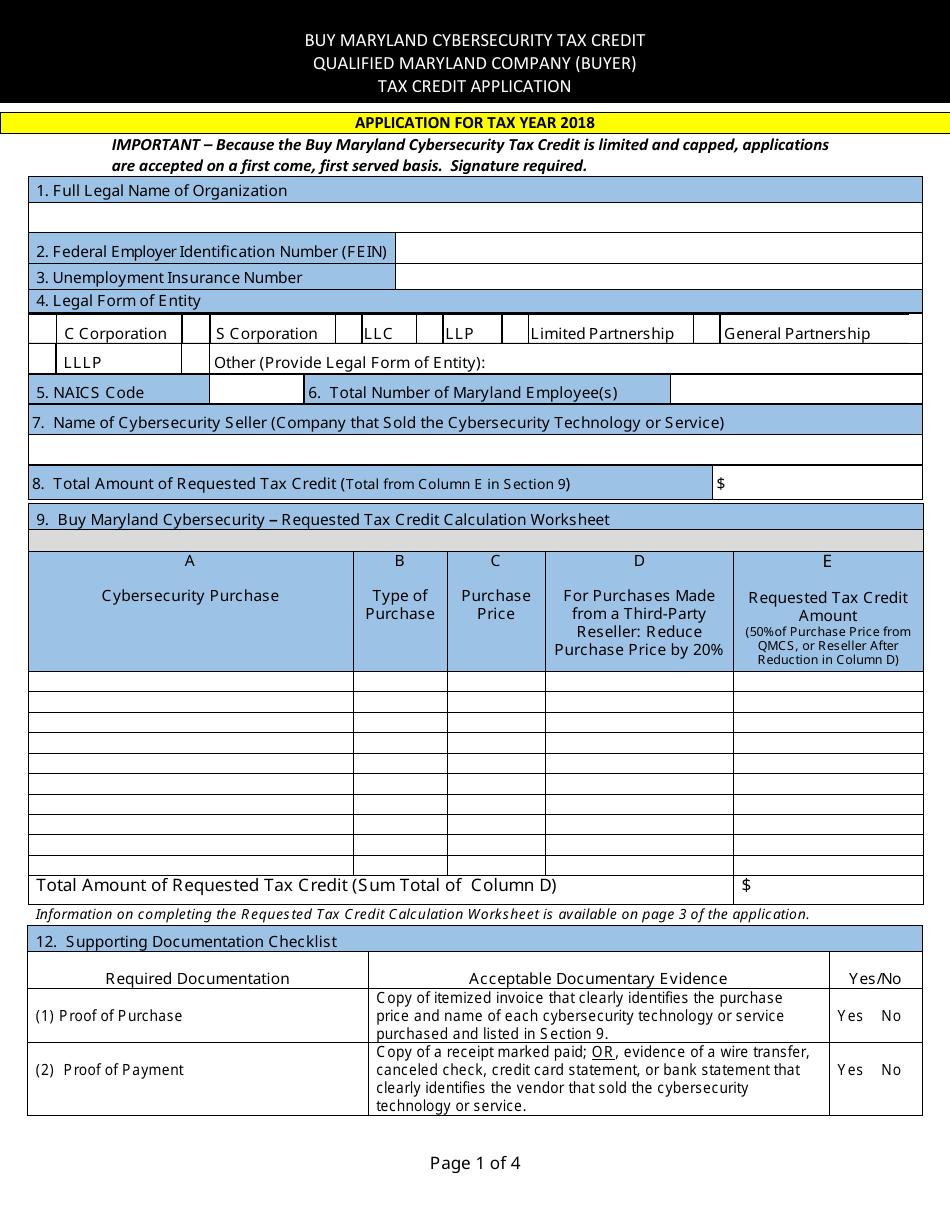 Qualified Maryland Company (Buyer) Tax Credit Application Form - Maryland, Page 1