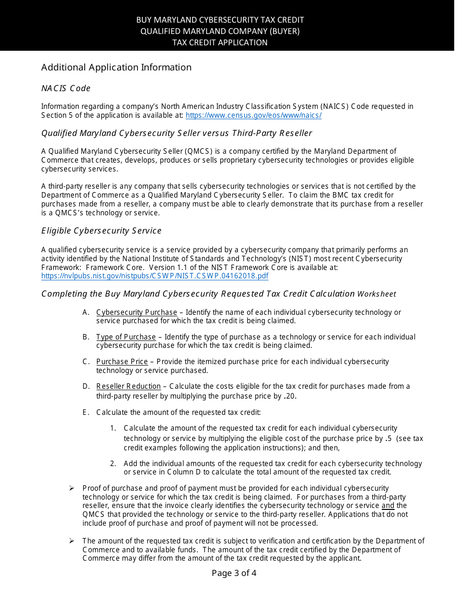 Qualified Maryland Company (Buyer) Tax Credit Application Form - Maryland, Page 3
