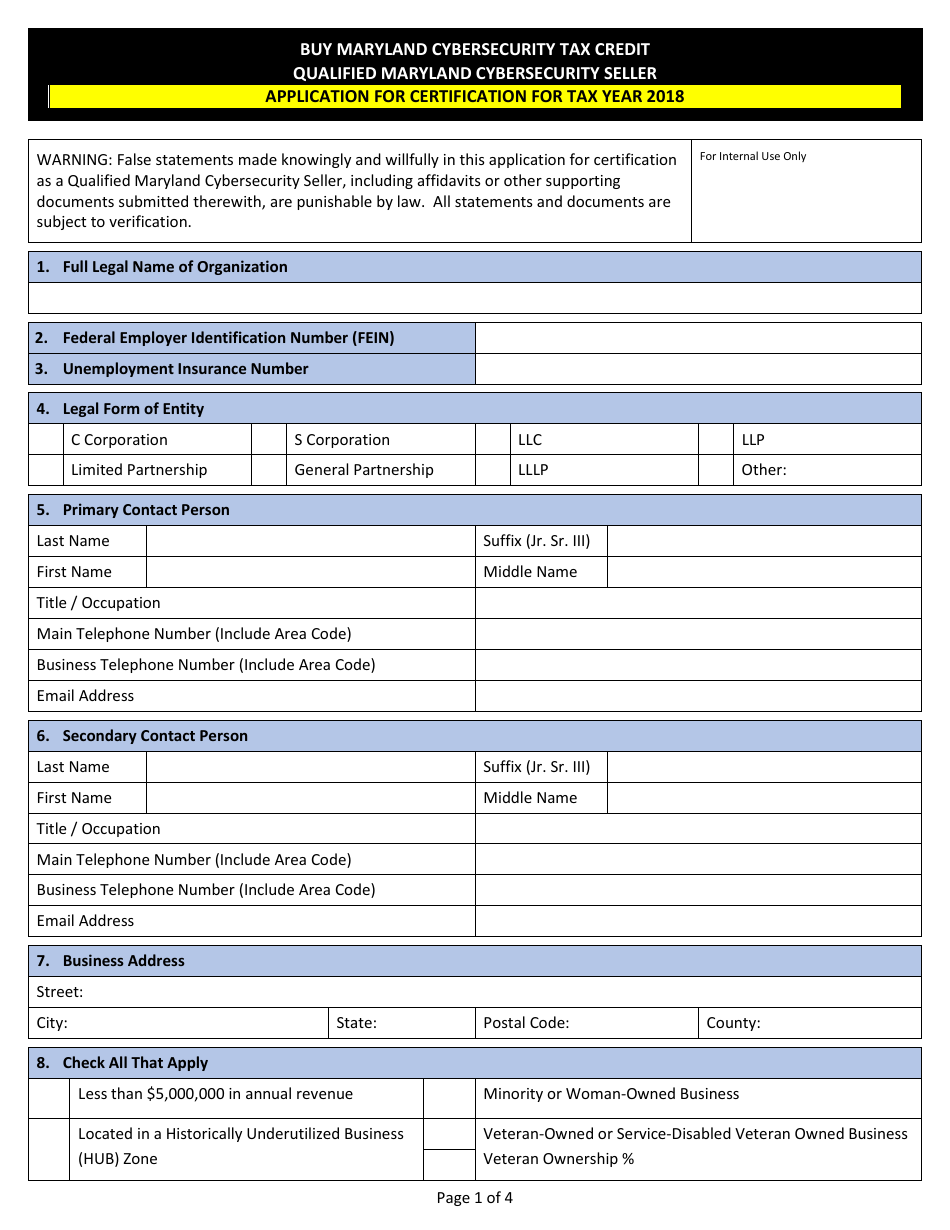 Qualified Maryland Cybersecurity Seller Application for Certification - Maryland, Page 1