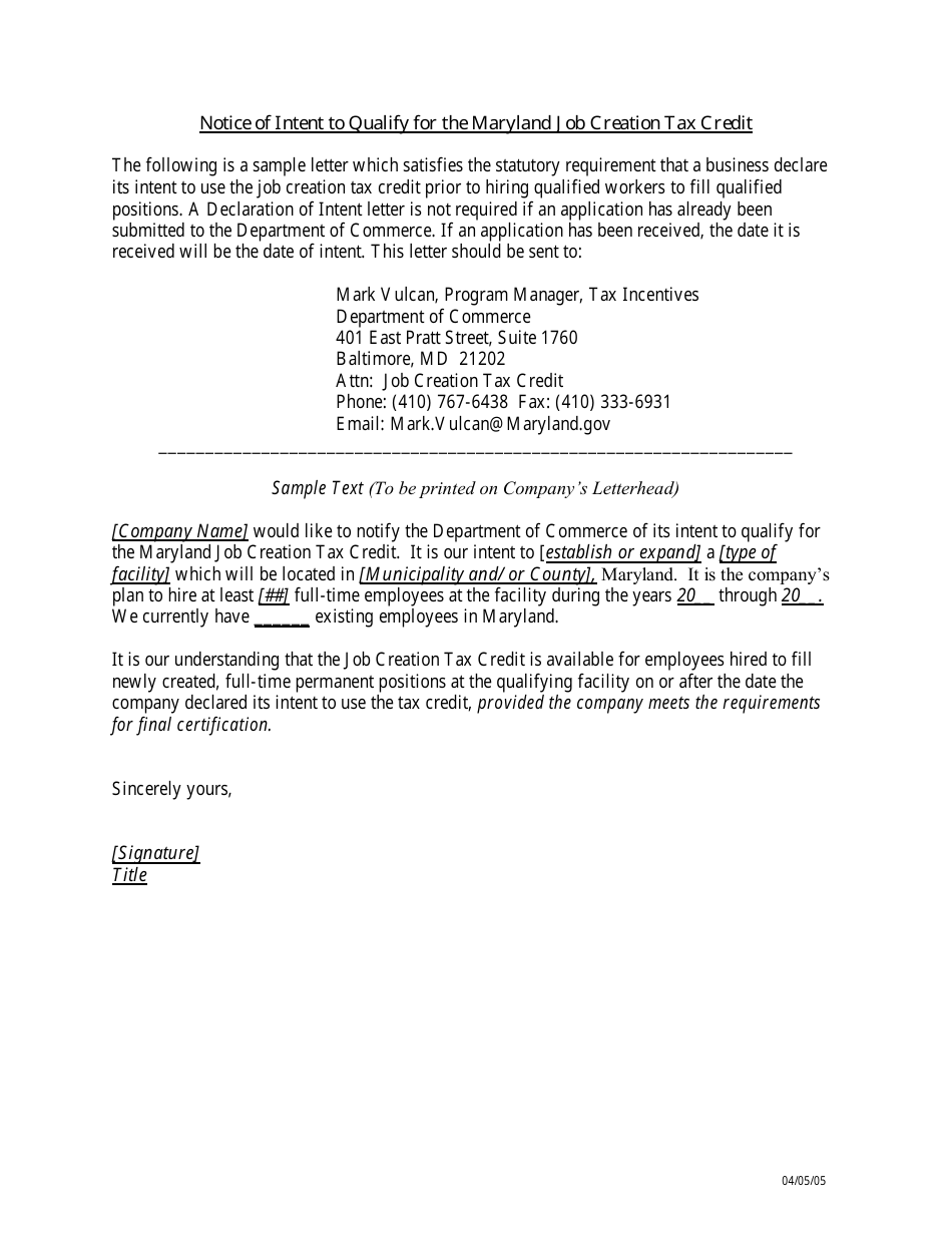 Sample Notice of Intent to Qualify for the Maryland Job Creation Tax Credit - Maryland, Page 1