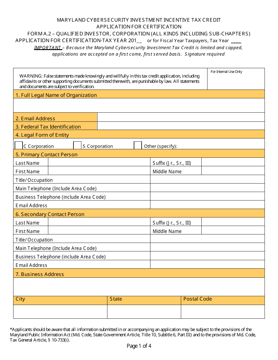 Form A.2 Application for Certification - Qualified Investor, Corporation (All Kinds Including Sub-chapters) - Maryland Cybersecurity Investment Incentive Tax Credit - Maryland, Page 1