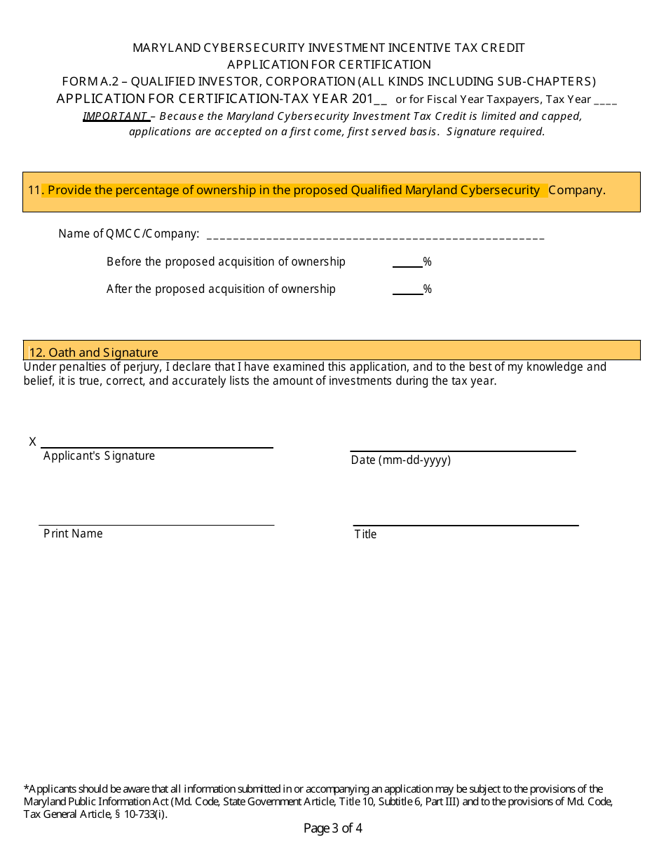 Form A.2 Application for Certification - Qualified Investor, Corporation (All Kinds Including Sub-chapters) - Maryland Cybersecurity Investment Incentive Tax Credit - Maryland, Page 3
