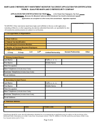Form B &quot;Application for Certification - Qualified Maryland Cybersecurity Company - Maryland Cybersecurity Investment Incentive Tax Credit&quot; - Maryland