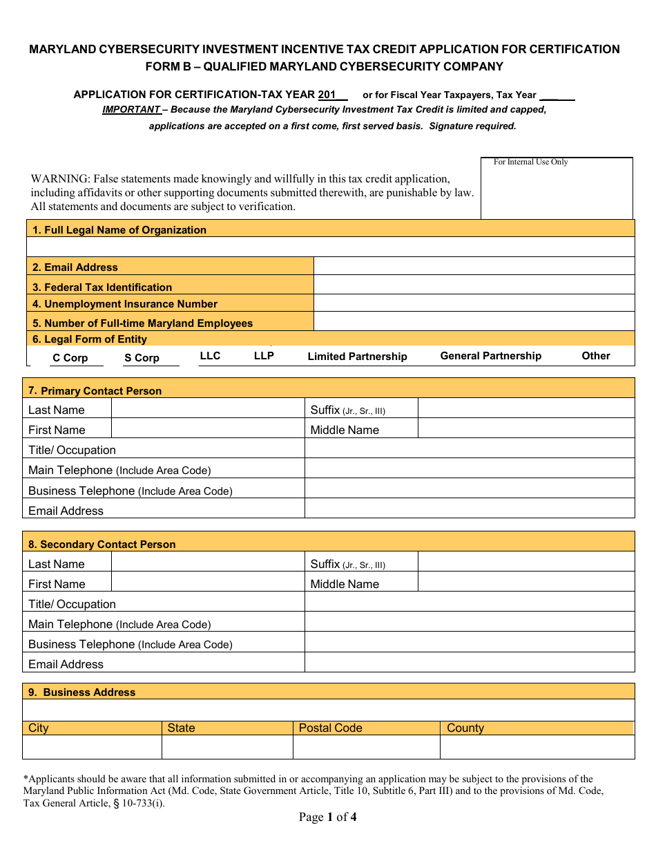 Form B Application for Certification - Qualified Maryland Cybersecurity Company - Maryland Cybersecurity Investment Incentive Tax Credit - Maryland, Page 1