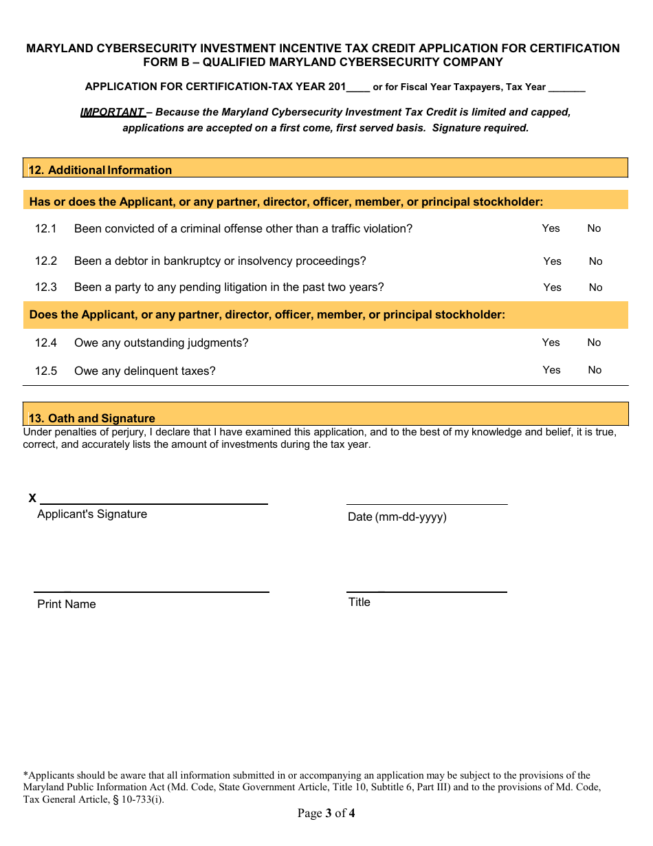 Form B Application for Certification - Qualified Maryland Cybersecurity Company - Maryland Cybersecurity Investment Incentive Tax Credit - Maryland, Page 3