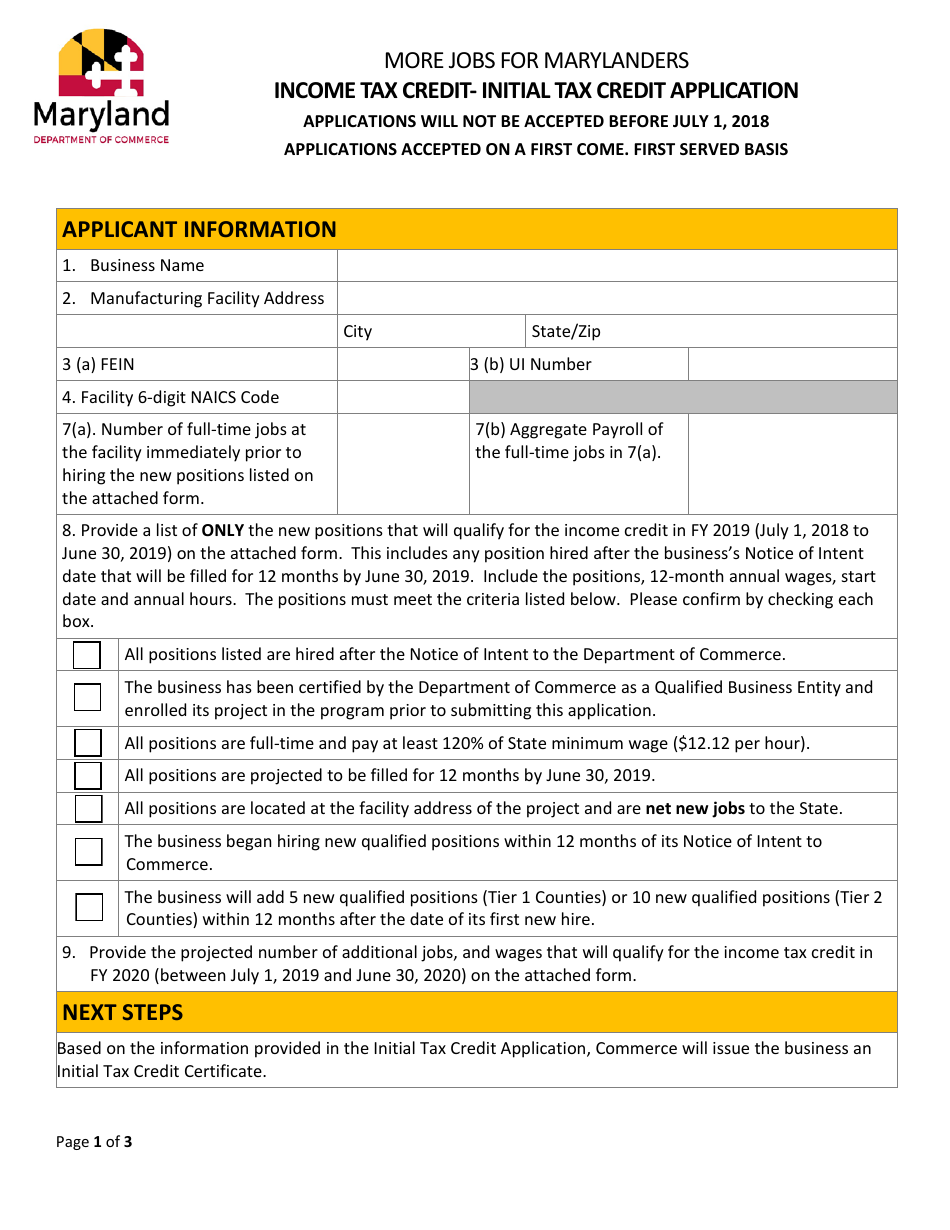 Maryland Income Tax Credit Initial Tax Credit Application Form 