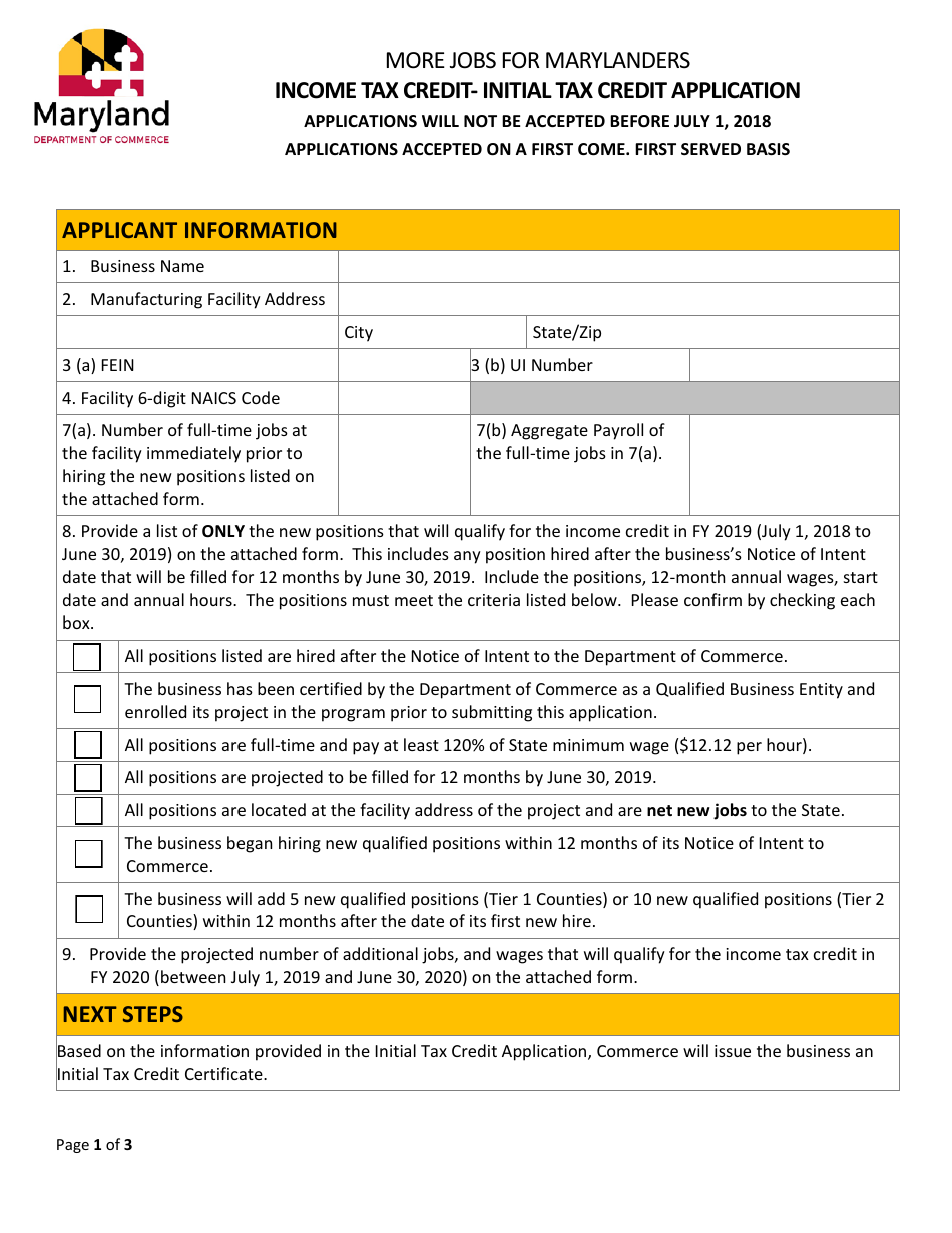 Income Tax Credit- Initial Tax Credit Application Form - Maryland, Page 1