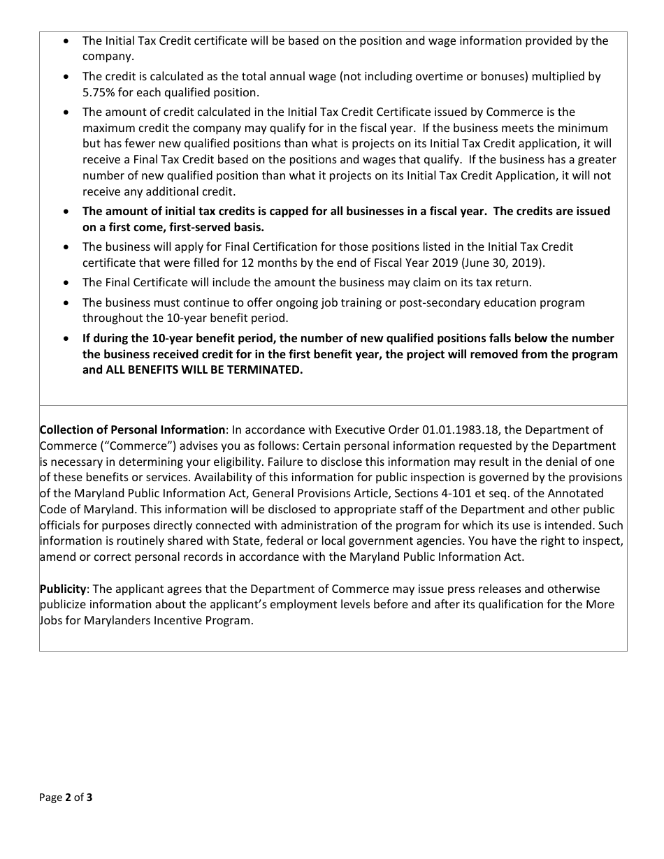 Income Tax Credit- Initial Tax Credit Application Form - Maryland, Page 2