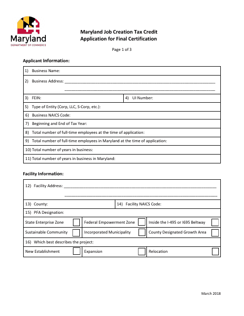 Application for Final Certification - Maryland Job Creation Tax Credit - Maryland Download Pdf