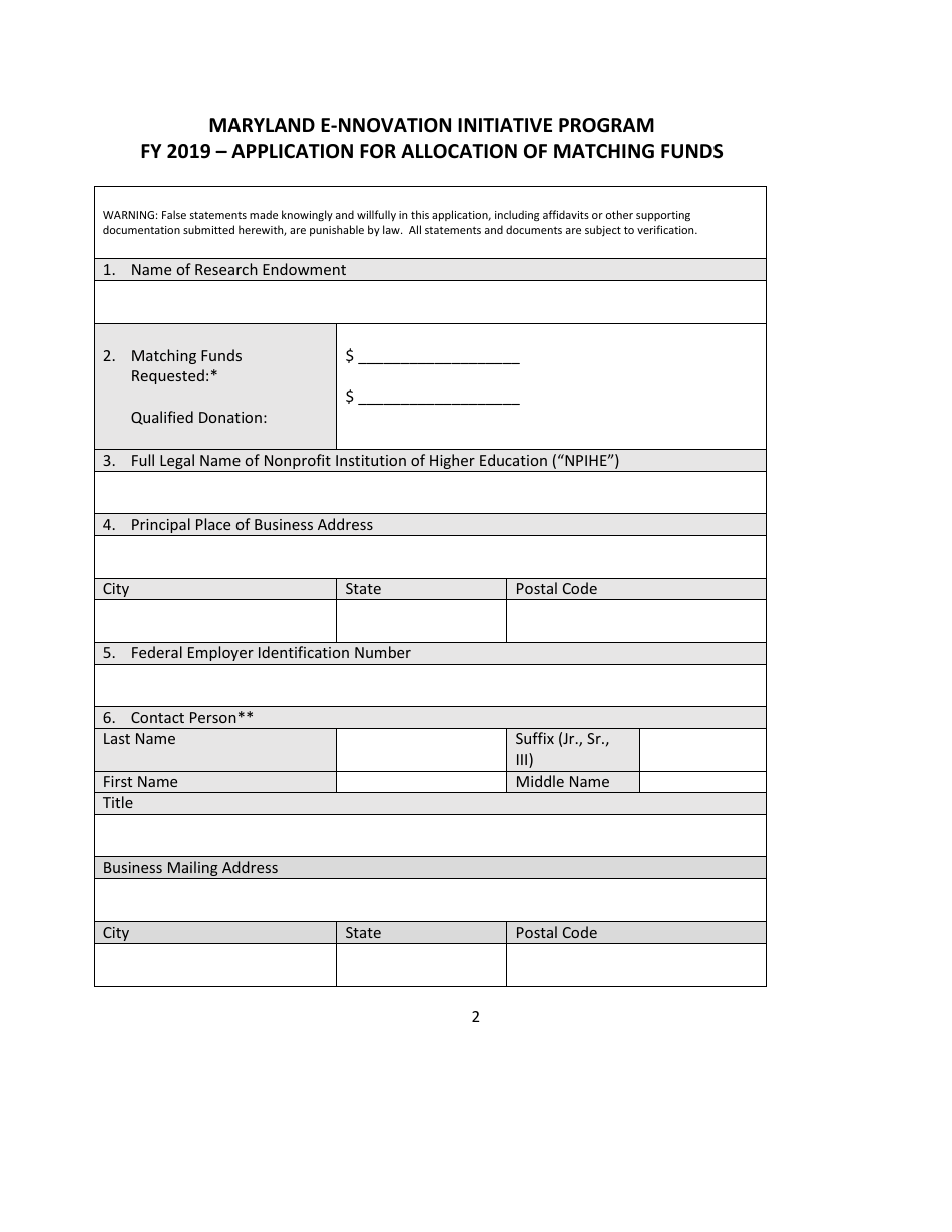 2019 Maryland Application for Allocation of Matching Funds Maryland E