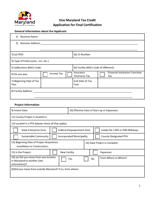 Application for Final Certification - One Maryland Tax Credit - Maryland