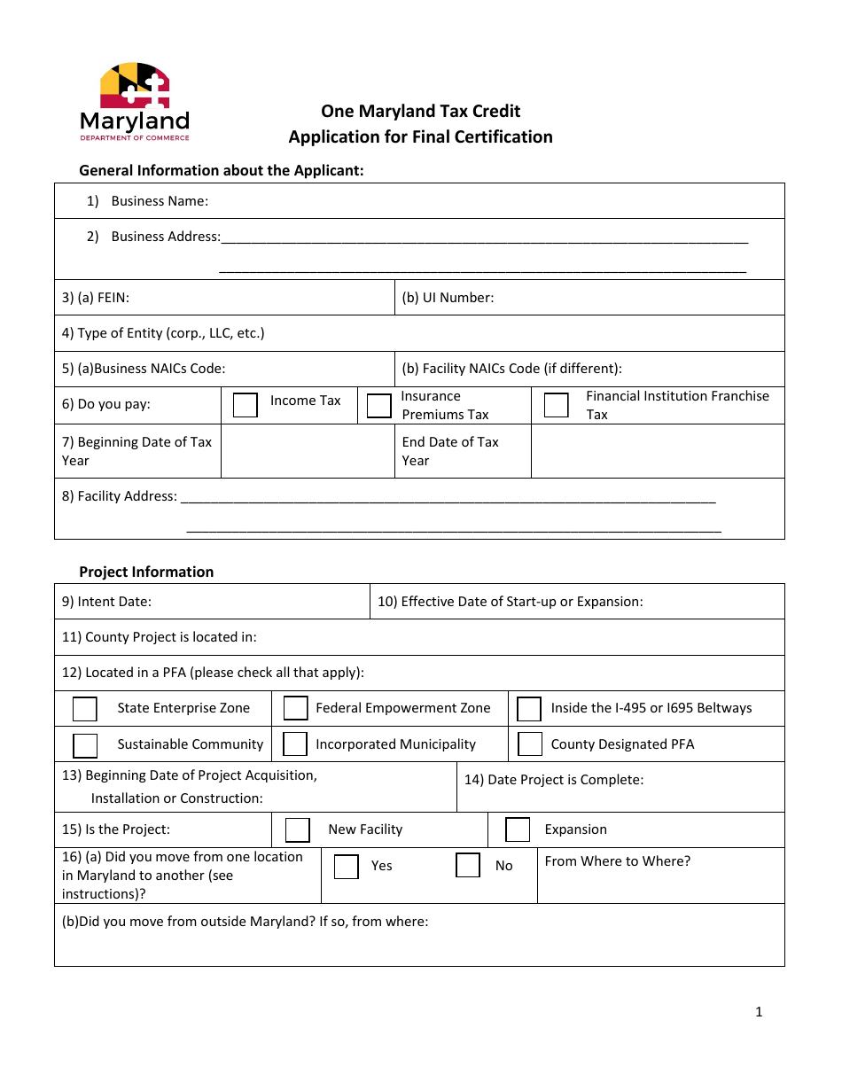 Application for Final Certification - One Maryland Tax Credit - Maryland, Page 1