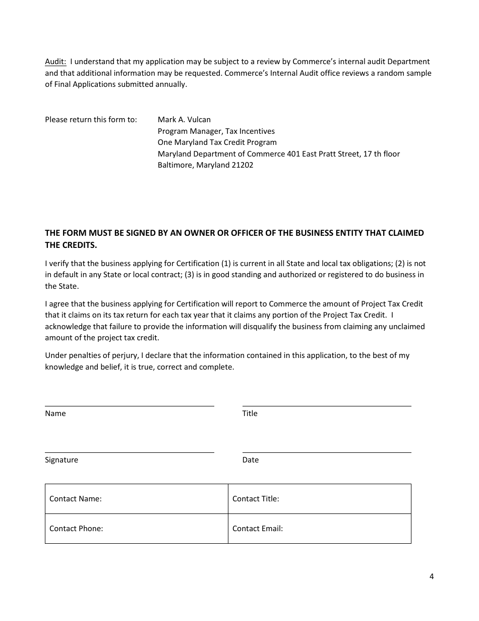 Maryland Application for Final Certification One Maryland Tax Credit