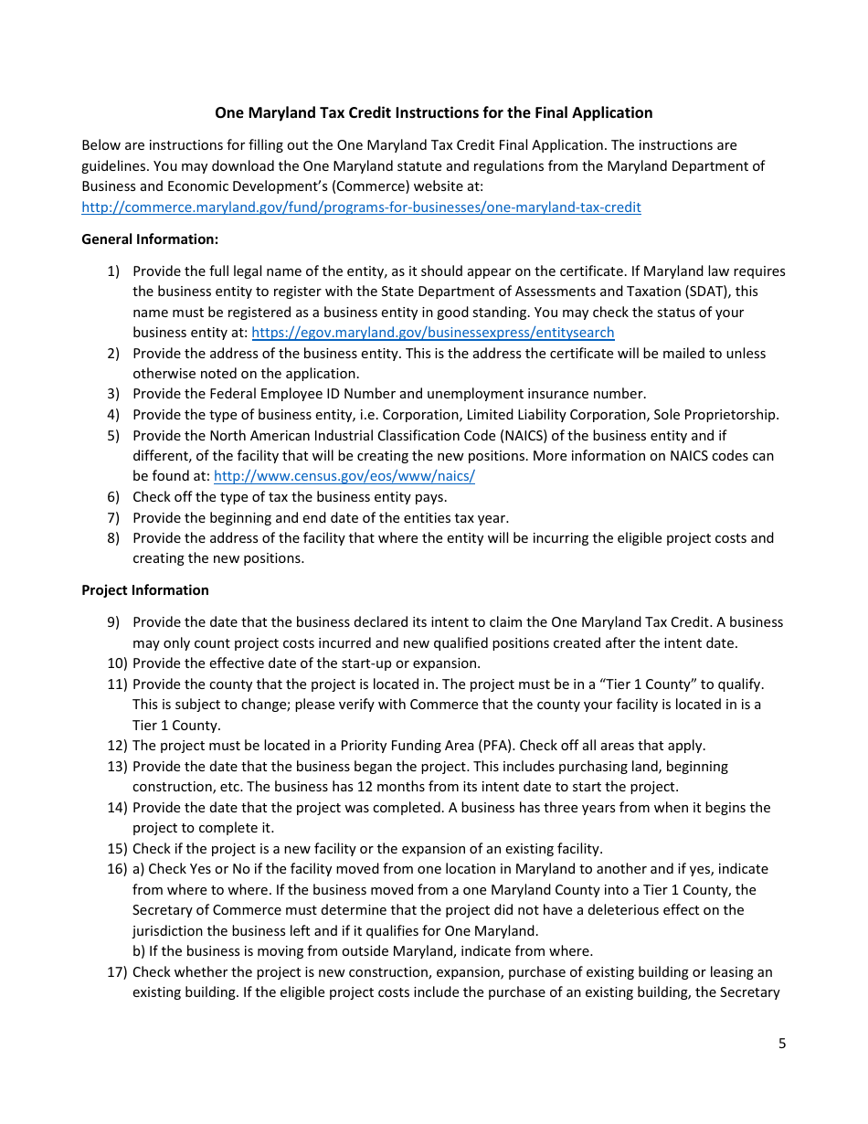 Application for Final Certification - One Maryland Tax Credit - Maryland, Page 5