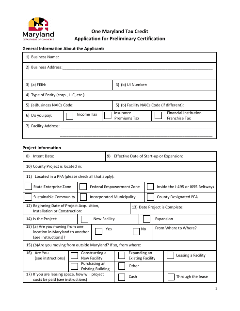 Application for Preliminary Certification - One Maryland Tax Credit - Maryland
