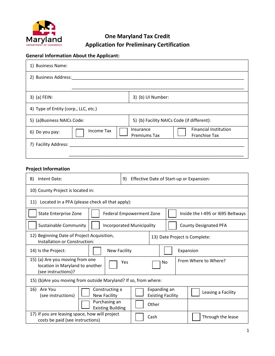 Application for Preliminary Certification - One Maryland Tax Credit - Maryland, Page 1