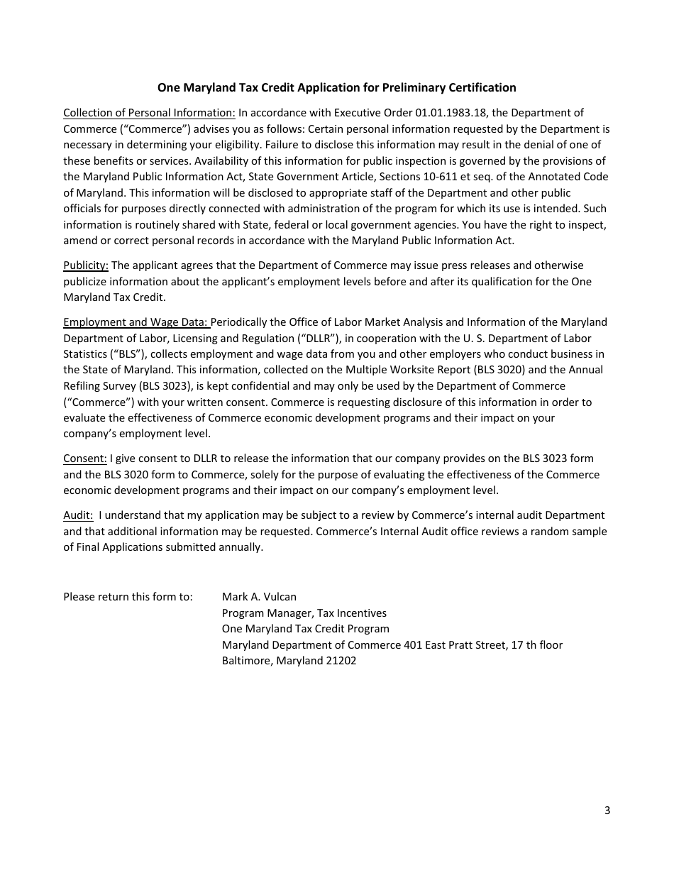 Application for Preliminary Certification - One Maryland Tax Credit - Maryland, Page 3