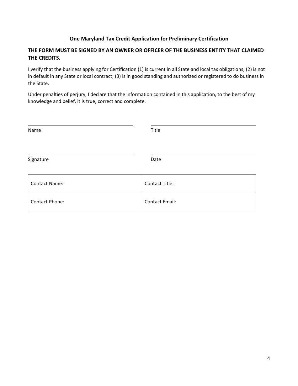 Application for Preliminary Certification - One Maryland Tax Credit - Maryland, Page 4