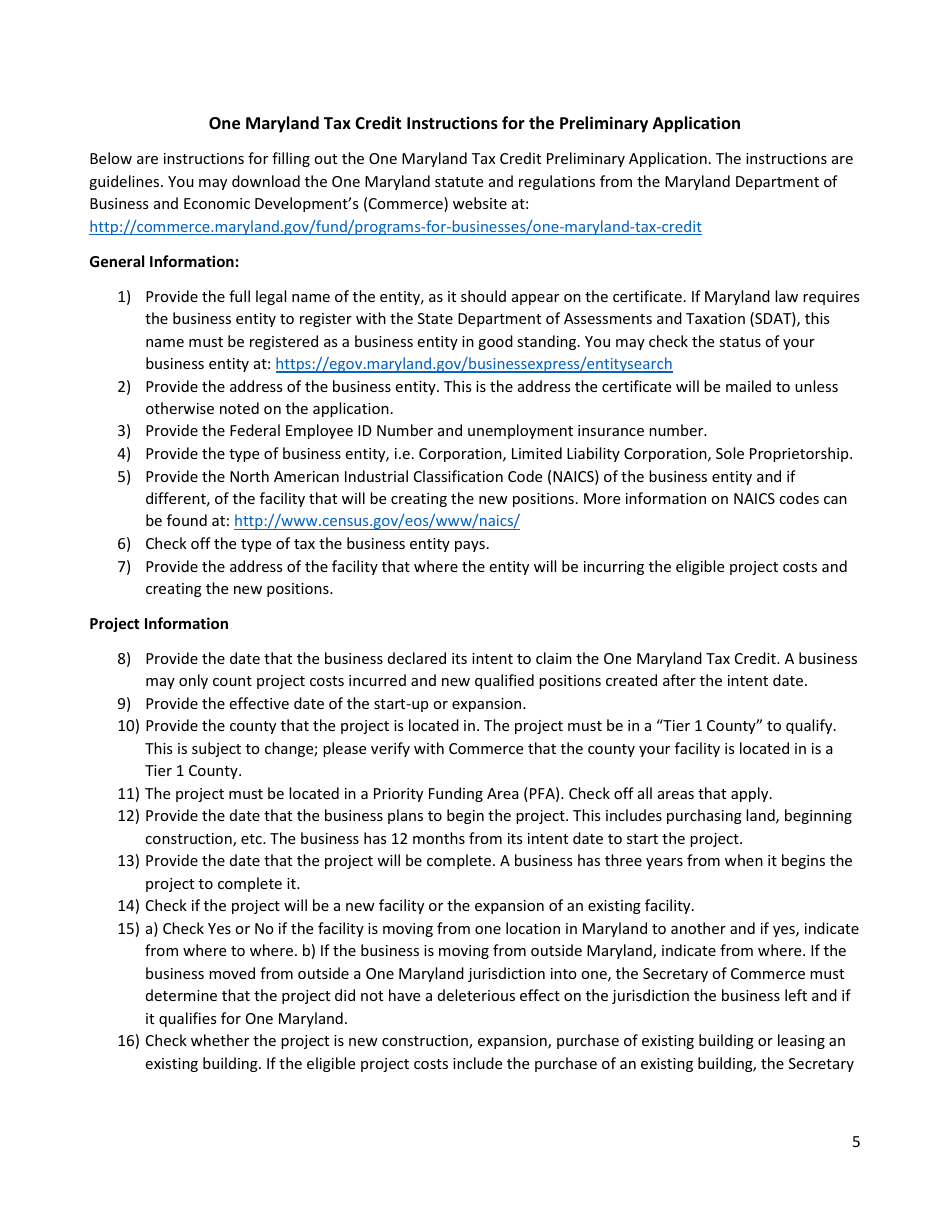 Application for Preliminary Certification - One Maryland Tax Credit - Maryland, Page 5