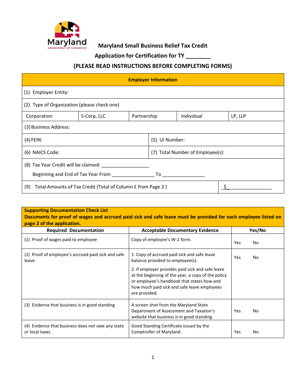 Application for Certification - Maryland Small Business Relief Tax Credit - Maryland, Page 1