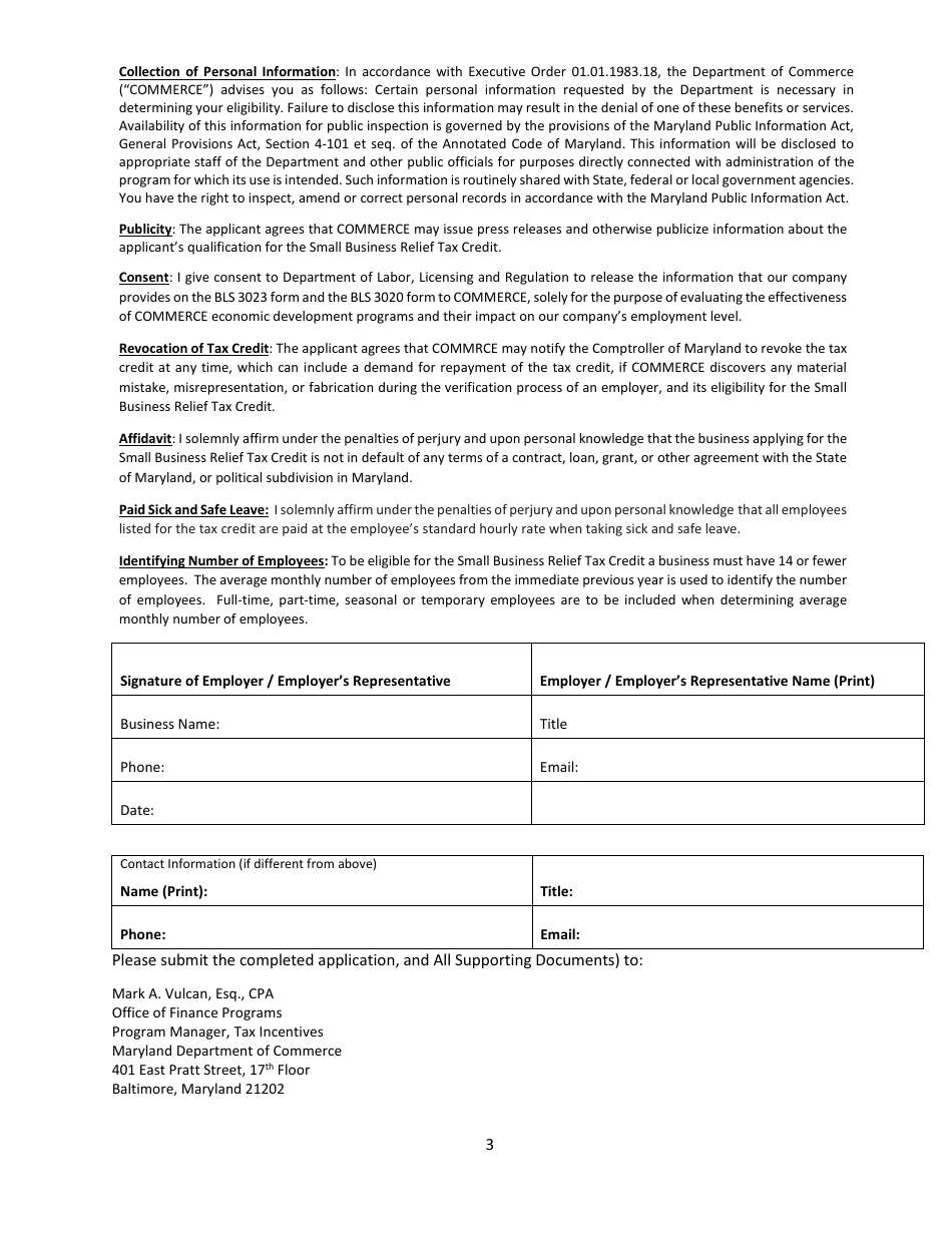 Application for Certification - Maryland Small Business Relief Tax Credit - Maryland, Page 3