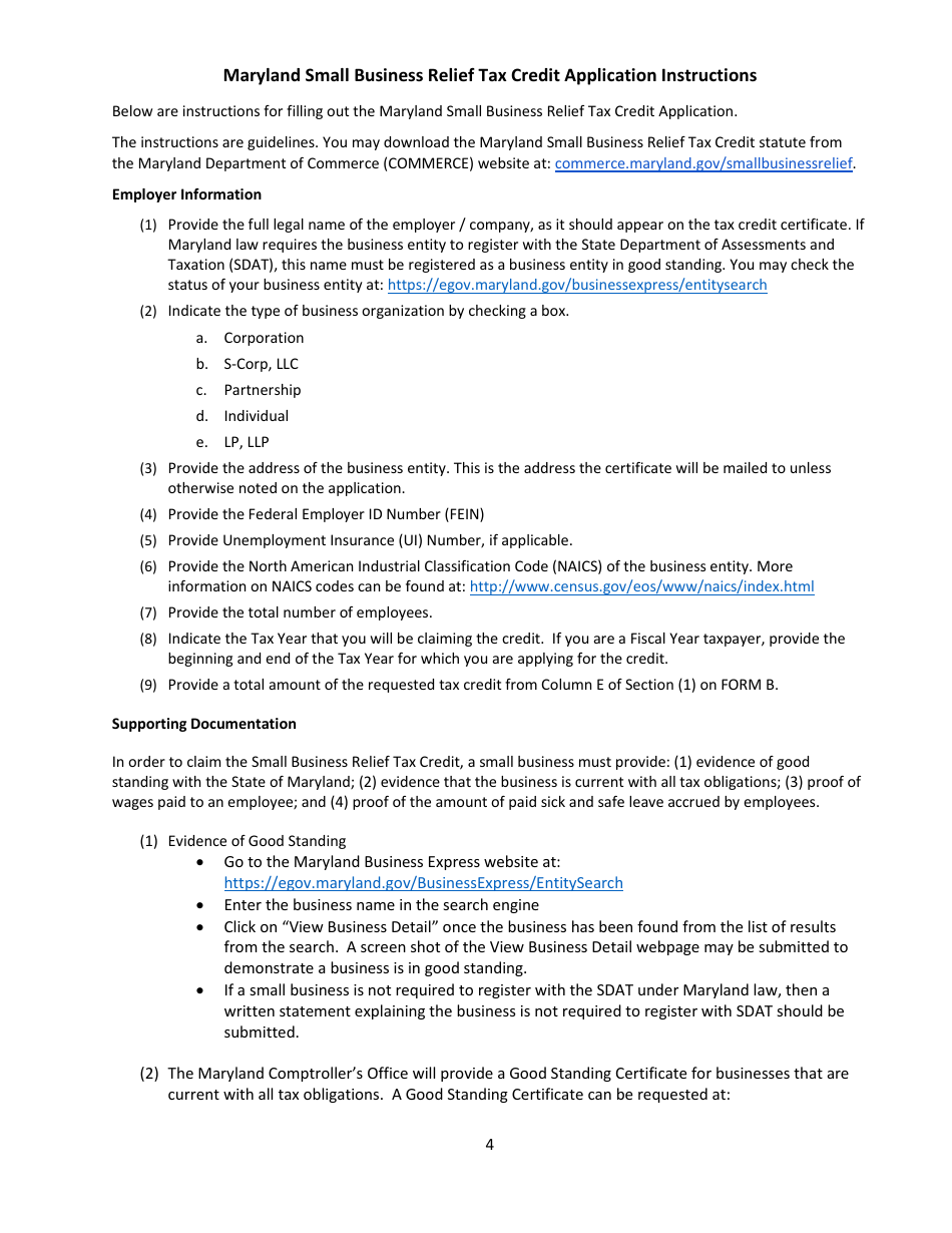 Application for Certification - Maryland Small Business Relief Tax Credit - Maryland, Page 4