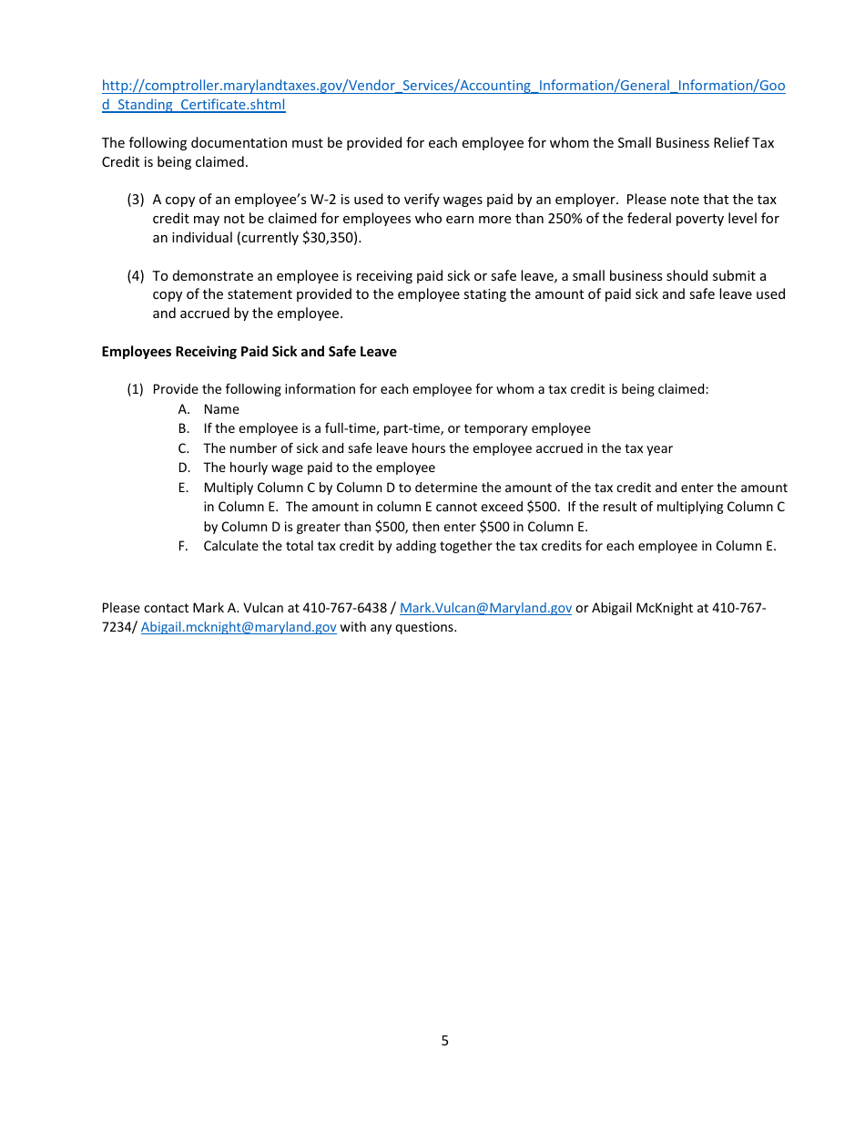 Application for Certification - Maryland Small Business Relief Tax Credit - Maryland, Page 5