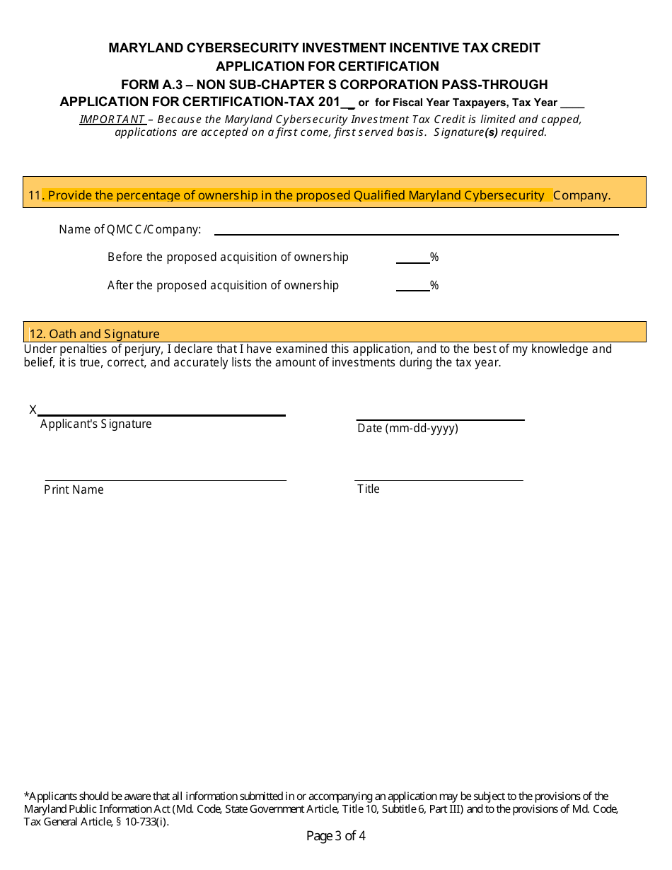 Form A.3 Application for Certification - Non Sub-chapter S Corporation Pass-Through Entities - Maryland Cybersecurity Investment Incentive Tax Credit - Maryland, Page 3