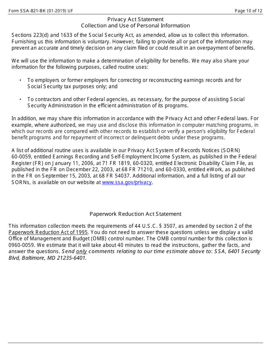 Form SSA-821-BK Work Activity Report - Employee, Page 10