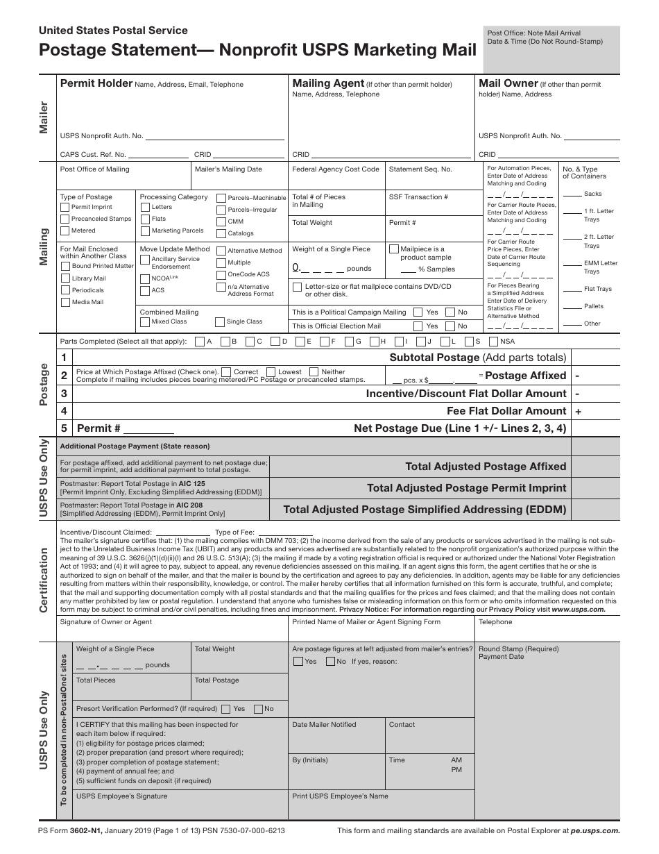 PS Form 3602-N1 Postage Statement - Nonprofit USPS Marketing Mail, Page 1
