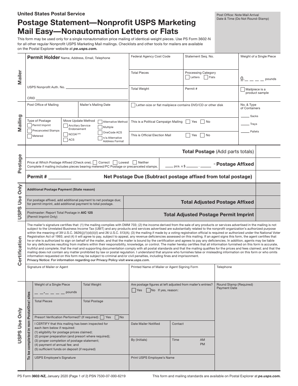 PS Form 3602-NZ Postage Statement - Nonprofit USPS Marketing Mail Easy - Nonautomation Letters or Flats, Page 1