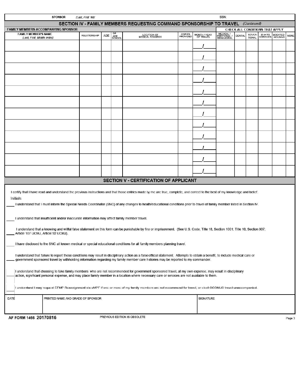 AF Form 1466 Download Fillable PDF or Fill Online Request for Family ...