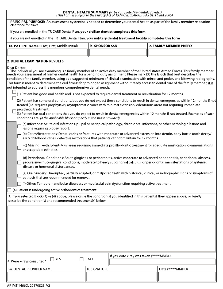 AF IMT Form 1466D Dental Health Summary, Page 1