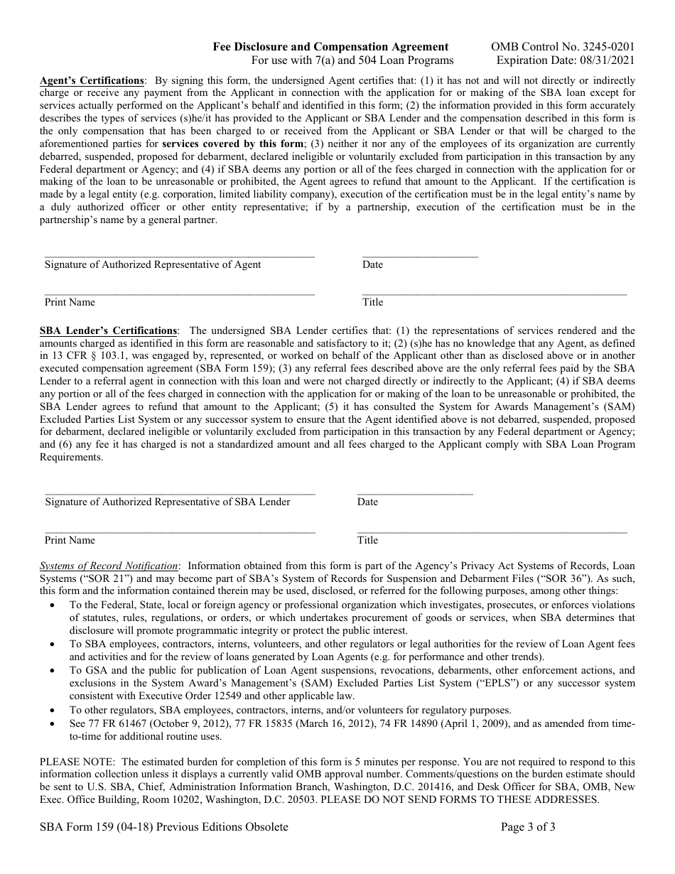 SBA Form 159 Fee Disclosure and Compensation Agreement, Page 3