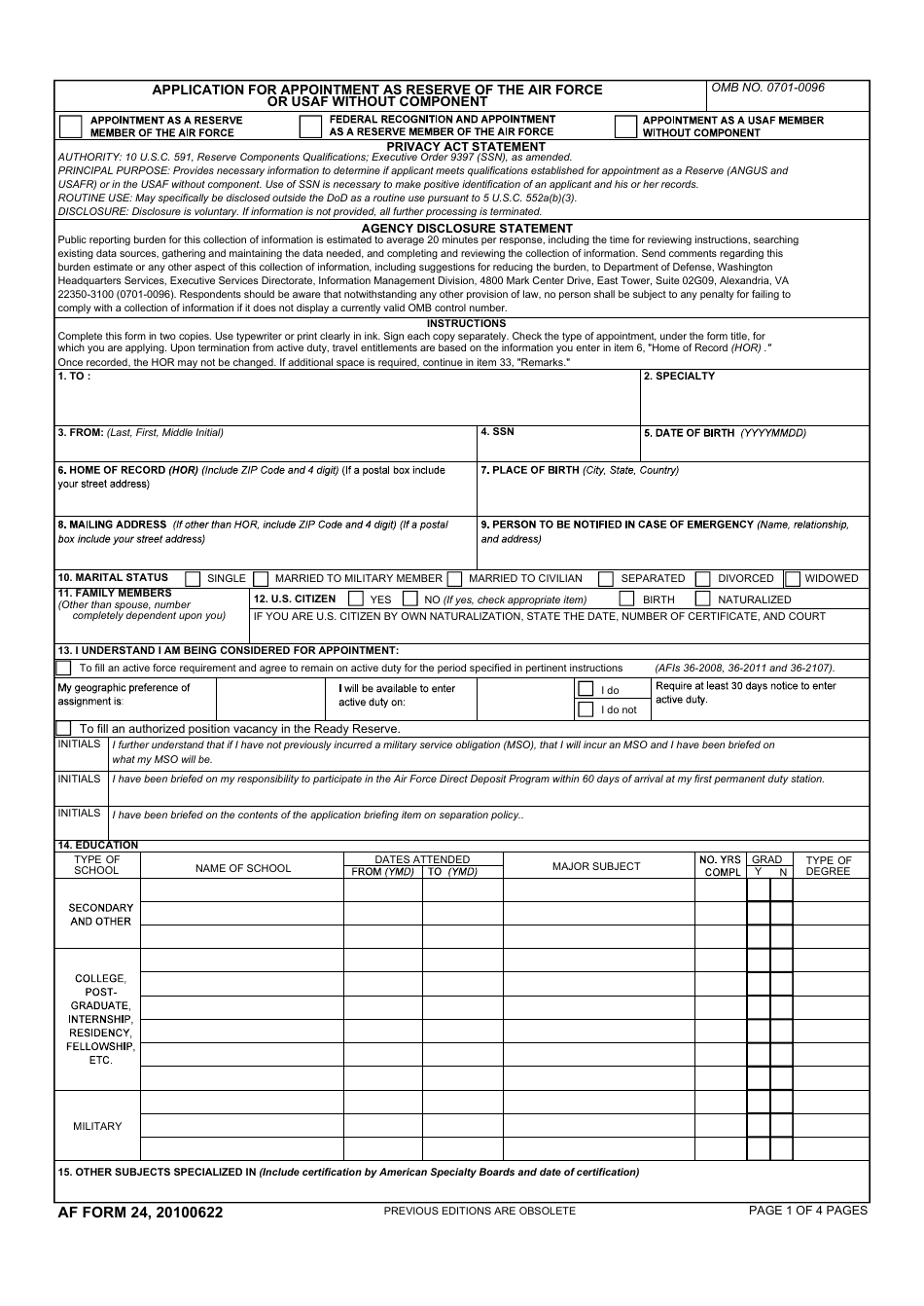 AF Form 24 Application for Appointment as Reserve of the Air Force or USAF Without Component, Page 1