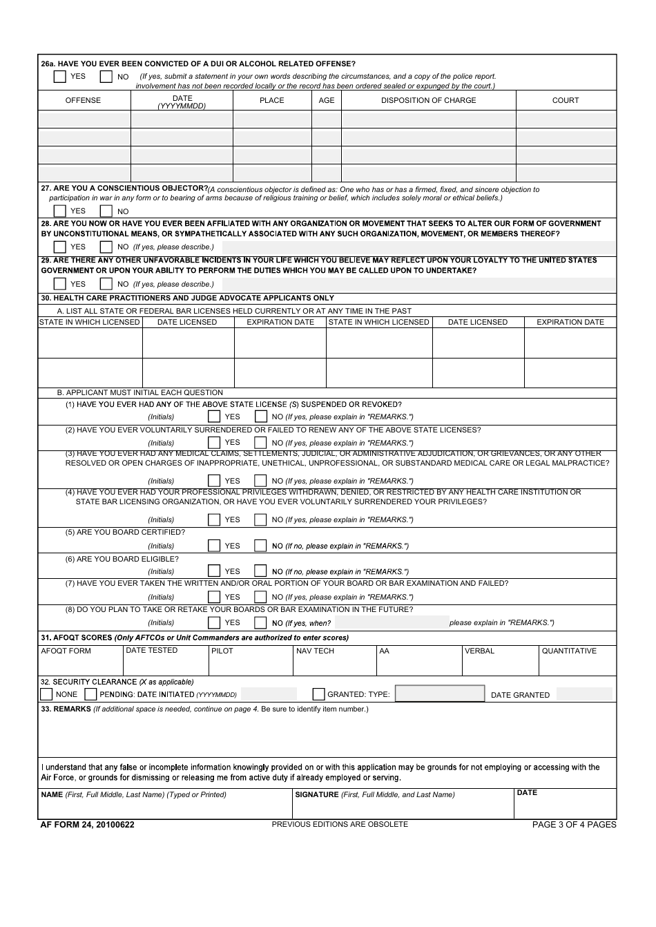 AF Form 24 Application for Appointment as Reserve of the Air Force or USAF Without Component, Page 3