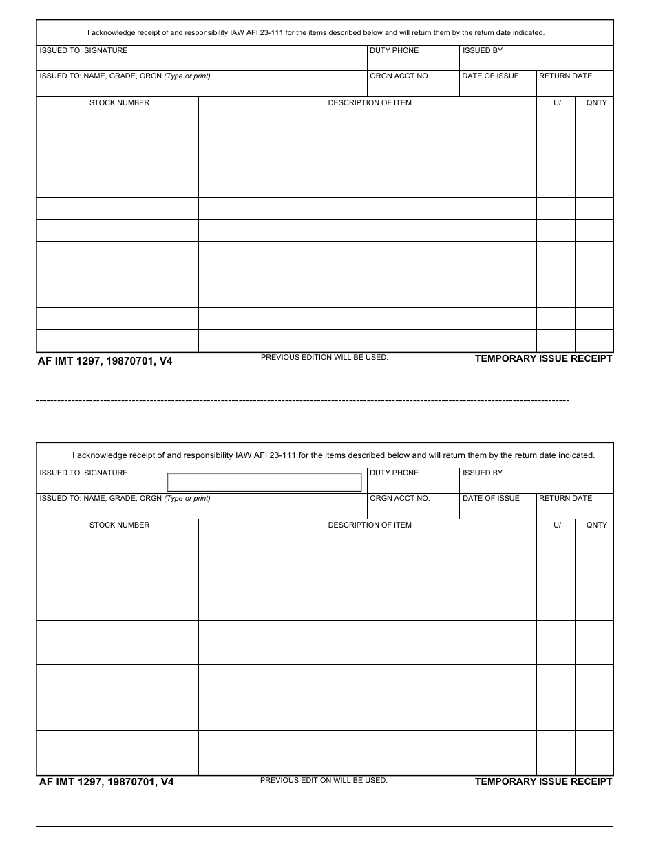 AF IMT Form 1297 Temporary Issue Receipt, Page 1