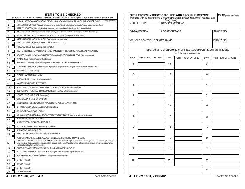 AF Form 1800 Operator's Inspection Guide and Trouble Report