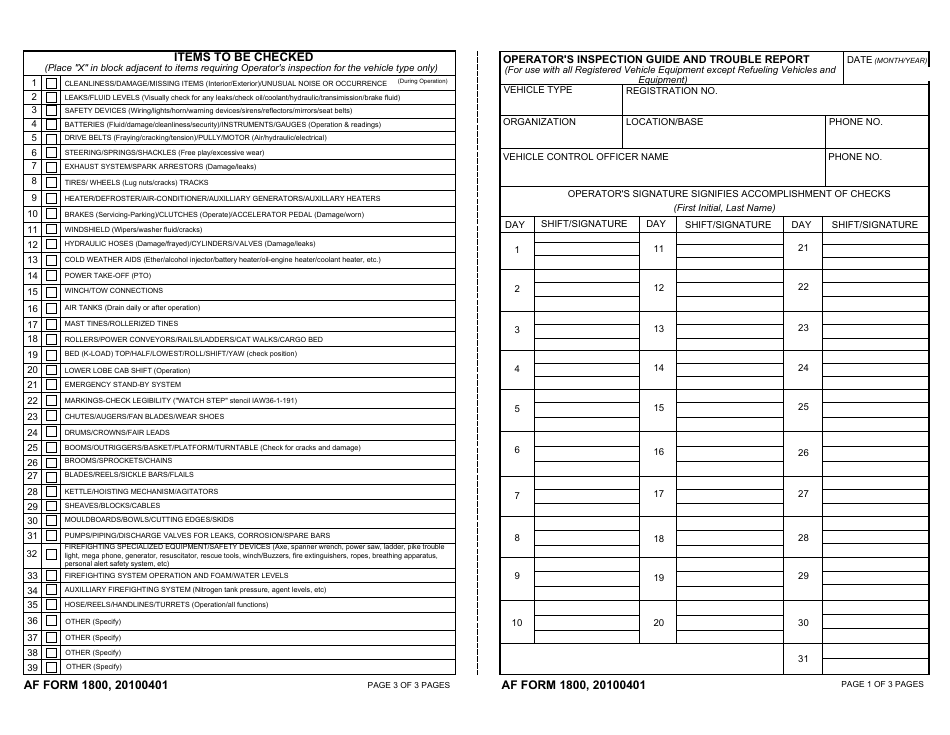 AF Form 1800 Operators Inspection Guide and Trouble Report, Page 1