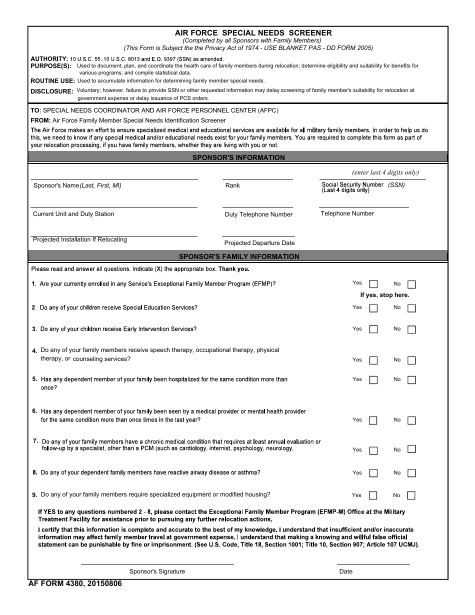 AF Form 4380 Air Force Special Needs Screener, Page 1