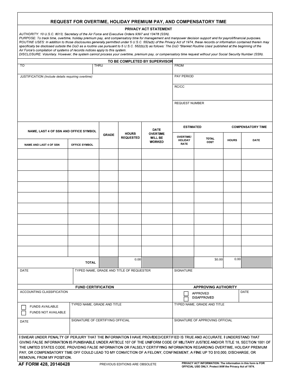 AF Form 428 Request for Overtime, Holiday Premium Pay, and Compensatory Time, Page 1