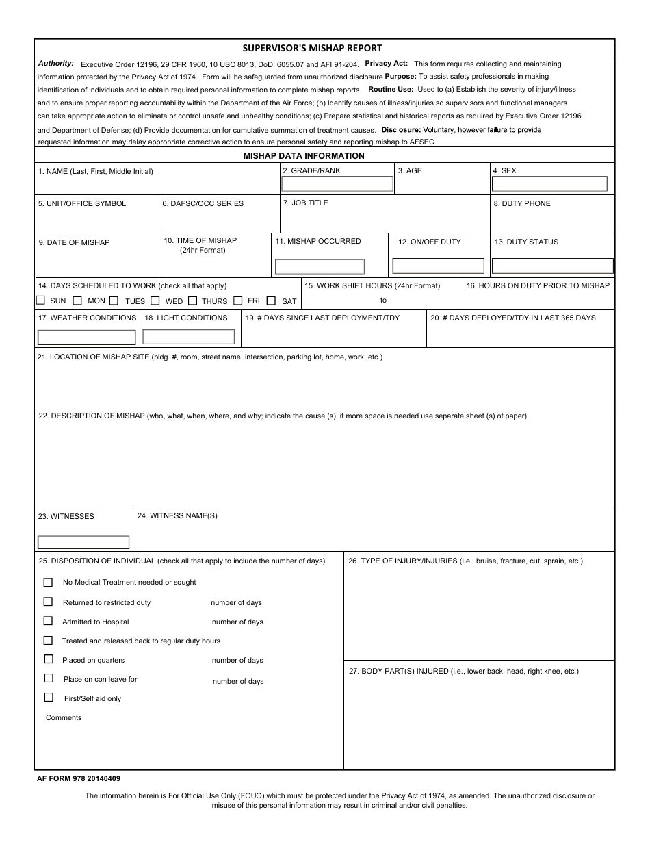 AF Form 978 Supervisors Mishap Report, Page 1